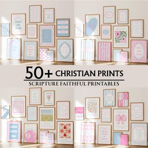 May include: A collection of over 50 Christian wall art prints featuring pastel color palettes, floral patterns, and religious text such as Trust His Plan, God Is Good, and Jesus Loves You, displayed in various rectangular frames on a wall.