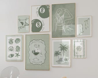 Juego de 8 láminas decorativas verdes con temática costera para pared: decoración veraniega, playera y femenina, ideal para dormitorios universitarios.