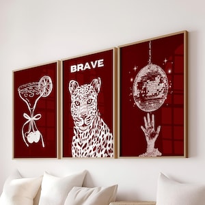 Dark Red Set Of 3 Piece Wall Art, Trendy Posters, Y2K Fashion Decor, Red Leopard Print, Girly Wall Art Aesthetic Dorm Apartment Room Decor