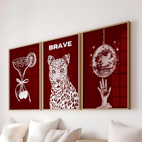 Dark Red Set Of 3 Piece Wall Art, Trendy Posters, Y2K Fashion Decor, Red Leopard Print, Girly Wall Art Aesthetic Dorm Apartment Room Decor