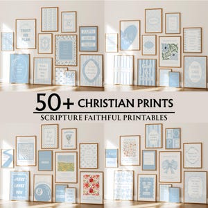 May include: A collection of over 50 Christian wall art prints featuring light blue and white color palettes. The prints display various religious phrases, scripture verses, and floral illustrations in rectangular frames with diverse border designs.