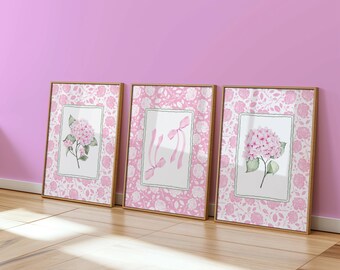 Pink Hydrangea Wall Art Set, Floral Watercolor Prints, Nursery Posters, Botanical Girls Room Decor