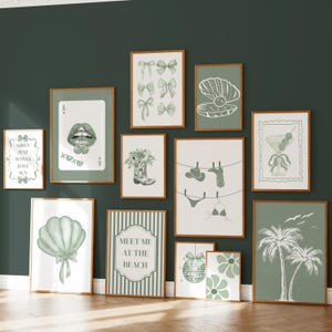 May include: A set of framed art prints with a coastal theme. The prints feature illustrations of bows, a seashell, lips, a martini, and palm trees. The colour palette includes shades of green and white, with wooden frames.
