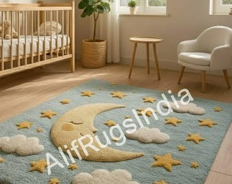 Handmade 3D Sleepy Moon & Stars Rug - Celestial Blue Rectangular Carpet