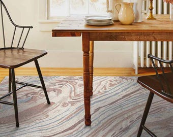 Abstract Marble Area Rug: Beige, Taupe & Blue Contemporary Carpet