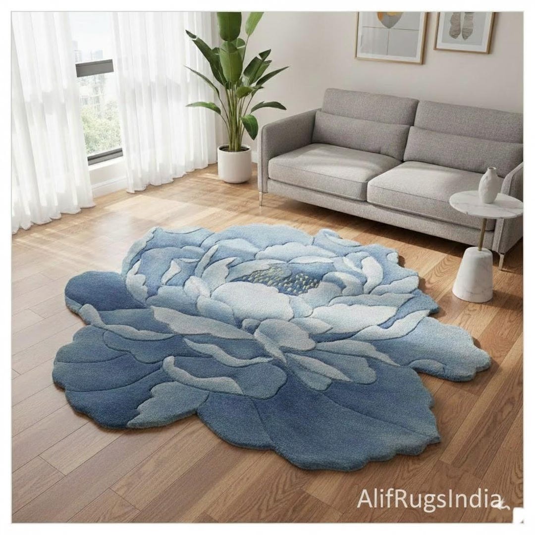 Handmade Blue Peony Flower Tufted Rug - Etsy