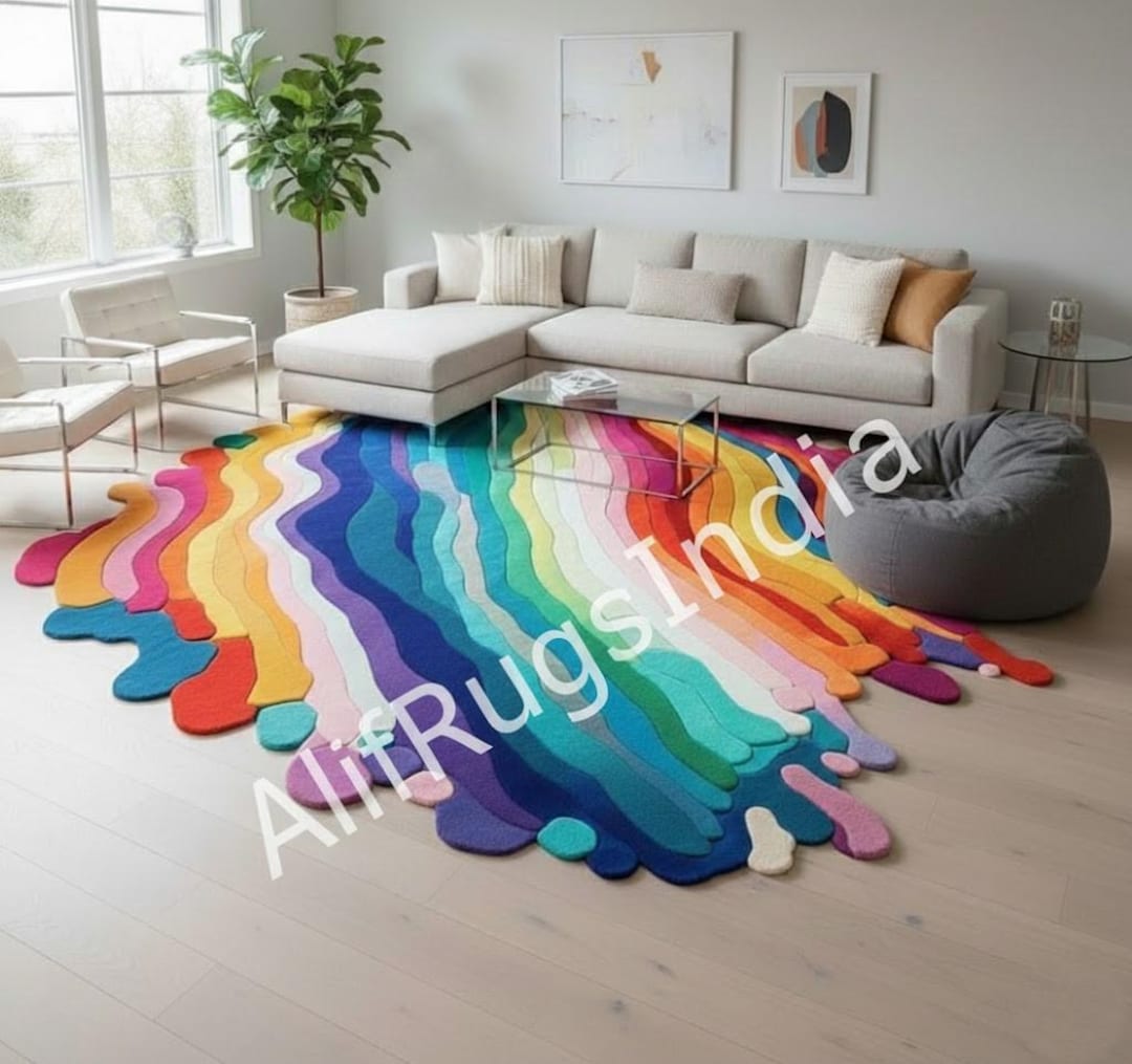 Handmade Melting Rainbow Area Rug - Colorful Abstract Irregular Shaped ...