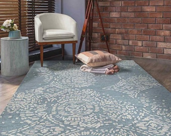 Handmade Wool Area Rug – Blue Beige Botanical, Modern Floral Carpet