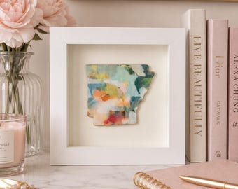 Colorful Arkansas Shadow Box, 5x5 Framed State Art, Feminine Desk Decor, Arkansas Gift, Abstract Home or Office Accent