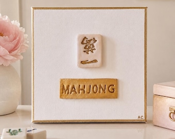 Mahjong Canvas Art, 6x6 Gold Mahjong Decor, Mahjong Gift for Her, Mahjong Shelf Decor, Mahjong Lover Gift, Pink Mahjong Tile Art