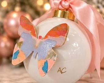 Colorful Butterfly Christmas Ornament, Dimensional Butterfly Ornament, Pink Bow Christmas Decor, Unique Gift for Her