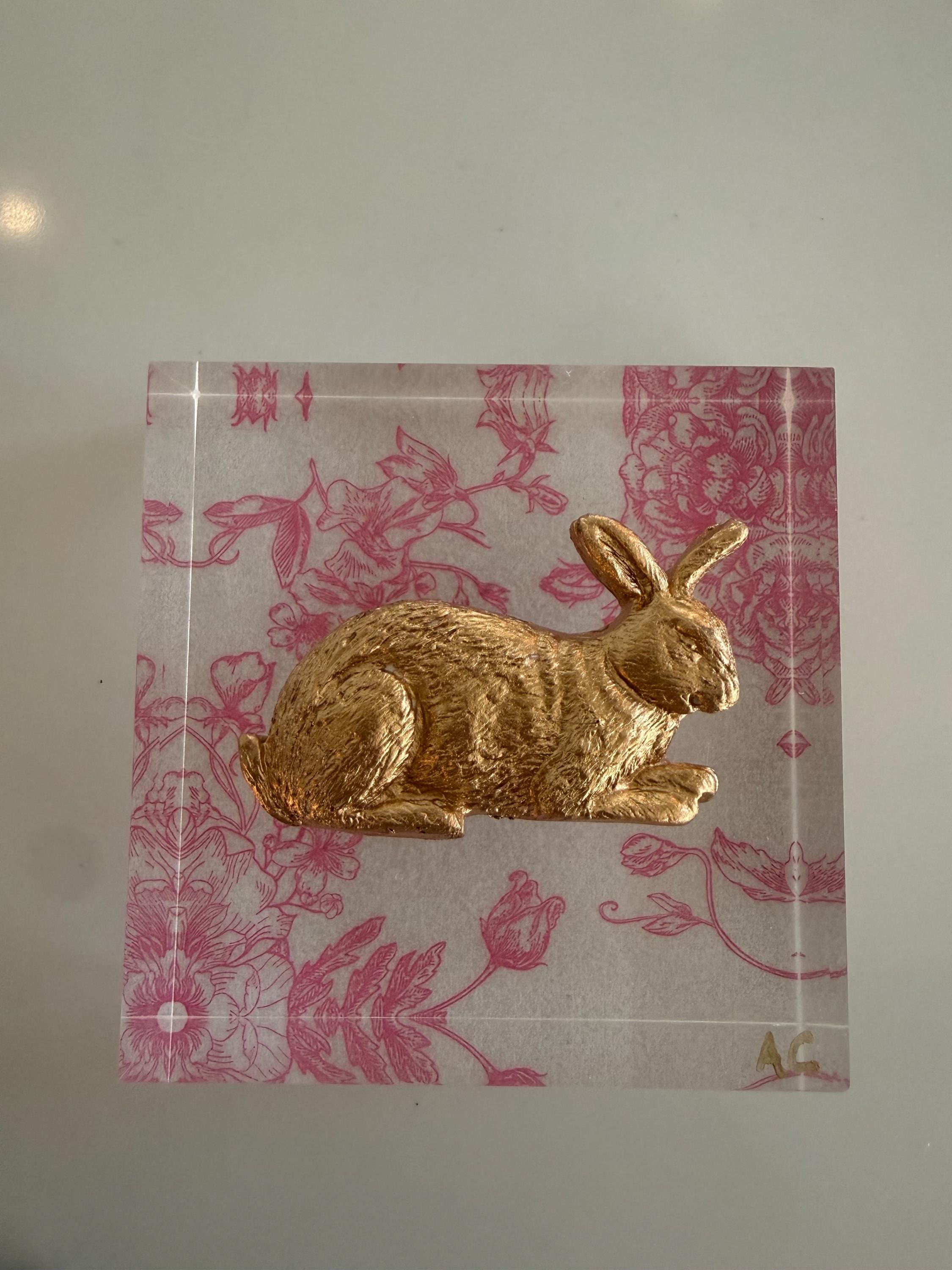 Gold Bunny Acrylic Block - Handmade Floral Spring Decor (3x3 in.)