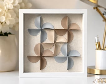 Modern Geometric Paper Art Shadow Box | 9x9 White Framed Wall Decor | Neutral 3D Abstract Sculpture | Minimalist Home Office Decor