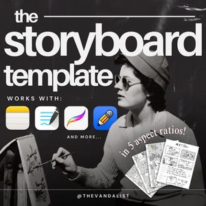 Puede incluir: Gráfico en blanco y negro que promociona "the storyboard template". La imagen presenta a una mujer con sombrero y gafas de sol, con el texto "in 5 aspect ratios!" e iconos de aplicaciones. El texto "WORKS WITH:" también es visible.