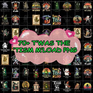 May include: A grid of digital art featuring various cartoon characters, including frogs, raccoons, and bears, with the text "Twas the Tism M'Load PNG" and "70+" in green and white. The art style is whimsical and colorful.