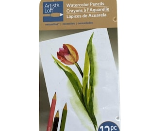May include: A package of Artist's Loft watercolor pencils. The package includes 12 pencils and features a watercolor painting of a tulip. The package also includes the text "Watercolor Pencils", "Crayons à l'Aquarelle", and "Lápices de Acuarela".