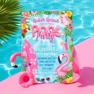 Splish Splash Pool Party Birthday Invitation, Pink Flamingo Pool Party, Girl Summer Birthday Invitation, Swimming Party Template Teen Invite