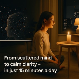 Pode incluir: Uma mulher senta-se numa sala pouco iluminada, iluminada por uma vela numa pequena mesa de madeira. O texto diz: "De uma mente dispersa à clareza calma - em apenas 15 minutos por dia". Uma silhueta de uma cabeça cheia de estrelas está no fundo.