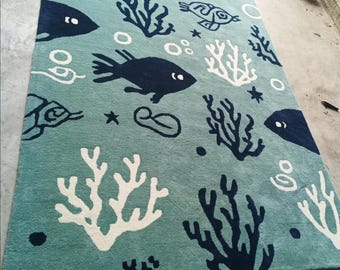 Ocean Fish Kids Rug | Blue Sea Life hand Tufted NZ wool Carpet | Underwater Nursery for KidsRoom, studyroom, living room and Bedroom.