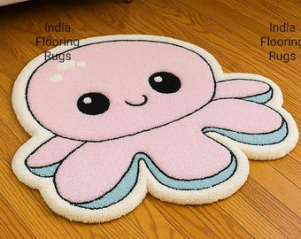 Cute Octopus Tufted Rug, Kawaii Kids Room Carpet, Pink Plush Nursery Rug, Handmade Baby Room Floor Mat Decor