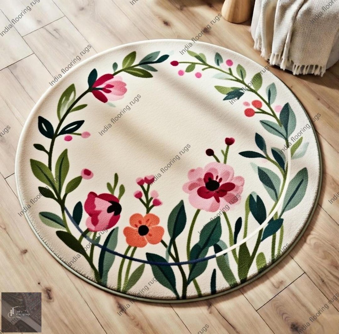 Round Floral Rug | Botanical Flower Area Rug | Handmade Tufted Indian ...