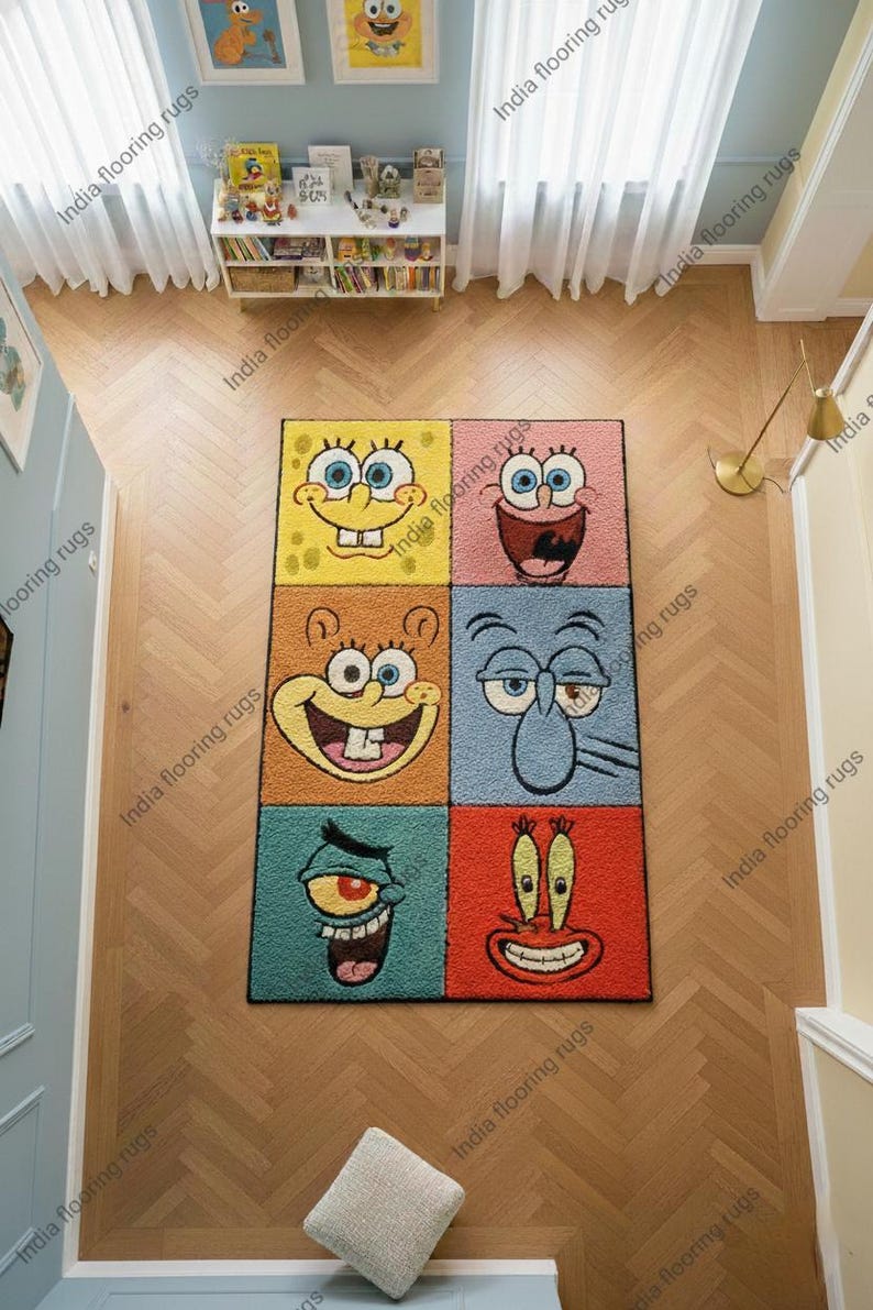 Spongebob Map Rug Spongebob Cartoon Tufted Rug, Handmade Area Rug, Kids Room Carpet ...
