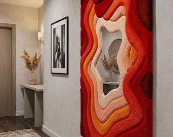 abstract Tufted Mirror Rug Wall Hanging, Retro Wavy wool Art Mirror, Handmade Red Orange Punch Needle Rug, Modern Boho Bedroom Decor