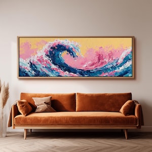 Textured Ocean Wave Canvas Art, Abstract Japanese Art Print, Wide Panoramic Framed Decor, Long Horizontal Art, Pink Blue Coastal Wall Decor