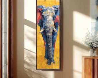 Tall Narrow Elephant Canvas, Long Vertical Safari Art, Framed Skinny Animal Print, Vibrant Yellow Decor, Modern Wildlife Picture, Gift Idea