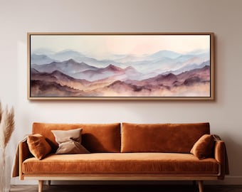 Abstract Mountain Wall Art, Long Horizontal Canvas, Wide Panoramic Watercolor Art, Large Oversized Print, Japandi Decor, Serene Zen Wall Art