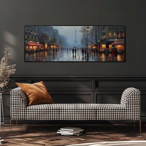 Lienzo enmarcado con paisaje urbano de París, pintura de calle lluviosa, arte de pared panorámico amplio, decoración grande de la Torre Eiffel, impresión romántica, obra de arte alargada y estrecha.