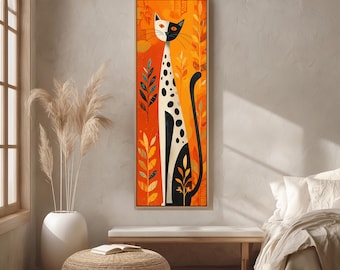 Arte mural de gato de mediados de siglo, ilustración de arte popular vertical, lienzo bohemio naranja alto y estrecho, decoración retro larga y delgada, estampado animal estilizado.