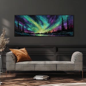 Nordlichter Gemälde, texturierte Aurora Borealis, breite Panorama gerahmte Leinwand, langer horizontaler Druck, bunte abstrakte Landschaftskunst