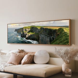 Sunlit Cliff Coastline Canvas, Wide Panoramic Wall Art, Sea Stack Framed Print, Long Horizontal Dramatic Decor, Above Sofa Statement Piece