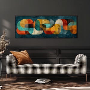 Mitte des Jahrhunderts moderne Panorama-Kunst, abstrakter geometrischer Druck, breite ineinandergreifende Formen, Retro-Wanddekor, bunte lange schmale gerahmte Leinwand