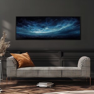 Lámina enmarcada Noche estrellada, Vía Láctea con textura de empaste, lienzo panorámico enmarcado, lámina horizontal larga, océano abstracto melancólico, arte espacial