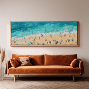 Aerial Beach Scene Painting, Wide Panoramic Canvas, Long Horizontal Framed Art, Large Oversized Coastal Decor, Summer Wall Art, Ocean Art
