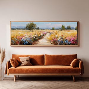 Colorful Wildflower Field Painting, Panoramic Framed Canvas Art, Long Horizontal Impressionist Landscape, Wide Rustic Country Wall Decor