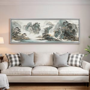 Japanese Mountain Waterfall Print, Sumi-e Inspired Panoramic Canvas, Long Horizontal Framed Art, Large Vintage Chinoiserie Zen Wall Decor