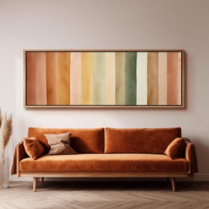 Abstract Watercolor Stripes, Long Horizontal Framed Canvas, Earth Tone Wall Art, Wide Panoramic Minimalist Print, Modern Boho Above Sofa Art