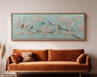 Chinoiserie Birds Canvas Print, Long Narrow Framed Art, Wide Panoramic Decor, Large Oversized Cherry Blossom, Grandmillennial Floral Art