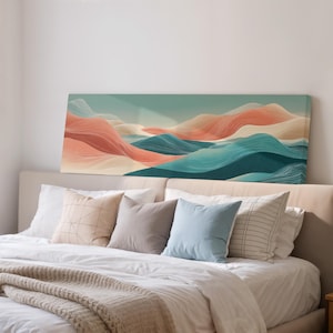 Abstract Wavy Hills Print, Japandi Landscape, Wide Panoramic Framed Canvas, Long Horizontal Wall Art, Terracotta Teal Art, Living Room Decor