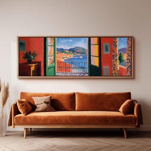 Matisse Window View Painting, Wide Panoramic Canvas, Long Horizontal Framed Art, Large Oversized Matisse, Vibrant Coastal Living Room Decor