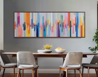 Abstract Stripes Framed Canvas, Colorful Brushstrokes Art, Wide Panoramic Print, Large Modern Painting, Long Narrow Wall Decor for Office