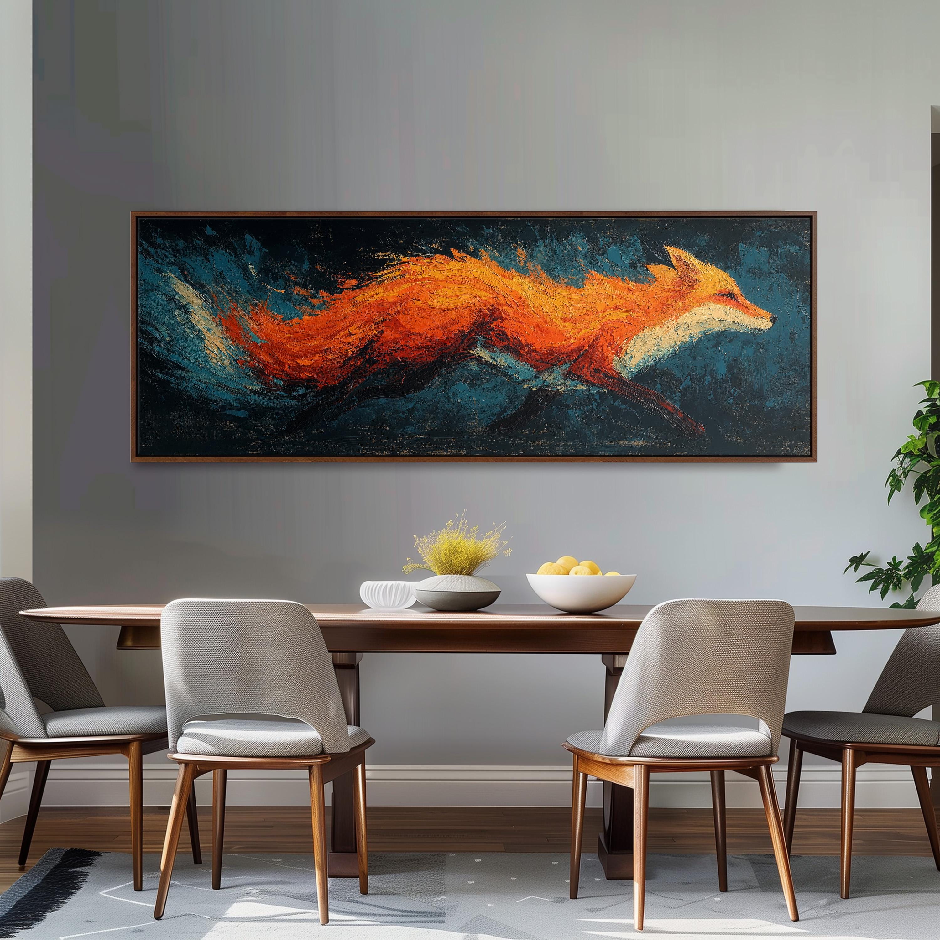 Abstract Fox Painting, Wide Panoramic Canvas, Long Horizontal