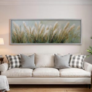 Long Horizontal Pampas Grass Painting, Panoramic Landscape Framed Canvas, Modern Farmhouse Wall Decor, Neutral Botanical Art for Living Room