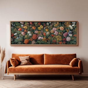 Blumengarten-Leinwandwandkunst, breites Panorama, bunte botanische gerahmte Kunst, lange horizontale Blumenleinwand, über Sofa-Kunst, Cottagecore-Dekor