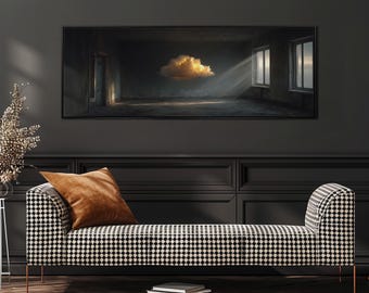Luminous Cloud Painting, Wide Panoramic Wall Art, Long Horizontal Framed Canvas, Large Oversized Surreal Art, Moody Wall Decor, Above Sofa
