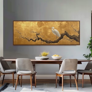 Japanese Egret Panoramic Art, Gold Crane Print, Wide Chinoiserie Wall Decor, Large Framed Canvas, Japandi Minimalist Painting for Bedroom