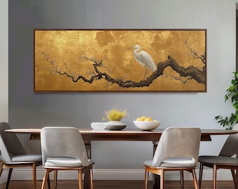 Japanese Egret Panoramic Art, Gold Crane Print, Wide Chinoiserie Wall Decor, Large Framed Canvas, Japandi Minimalist Painting for Bedroom